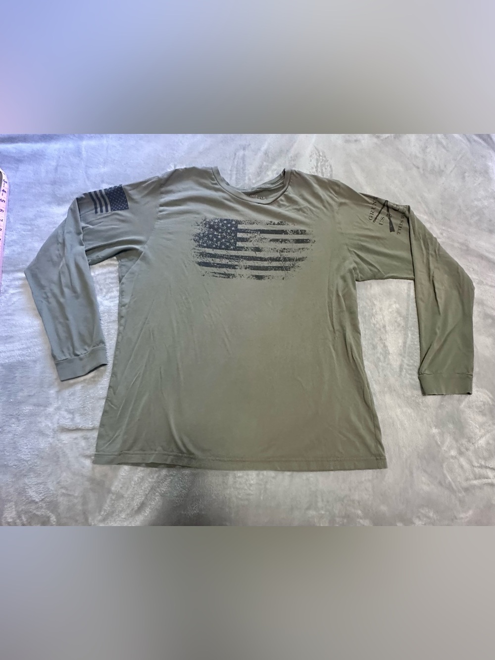 Men's Olive Green Long Sleeve Graphic Tee with Flag Print XL